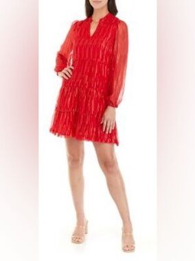 Crown & Ivy Long Sleeve Tiered Gold Shimmery V-Neck Holiday Dress Red Size XL